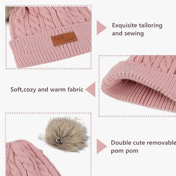 Infant Toddler Woolen Hat Cream Color Winter Twist Double Pom Pom Knitted Beanie - Picture 5 of 6